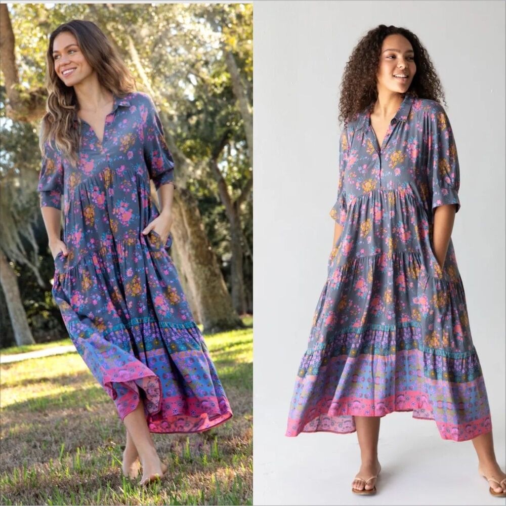 Natural Life Rebecca Midi Dress Size XS Charcoal Blue Border Floral Whimsy